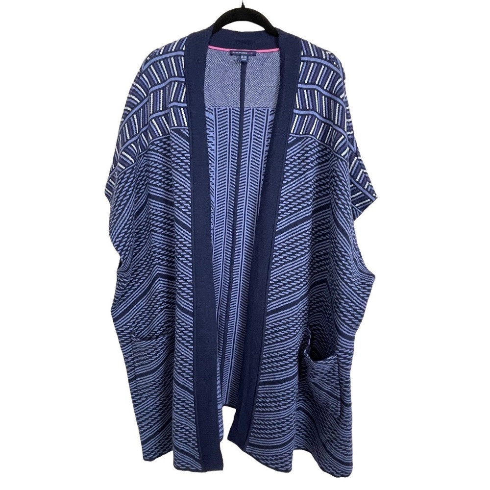 Isaac Mizrahi Live Cardigan Women M/L Blue Geometric Cotton Blend Poncho
